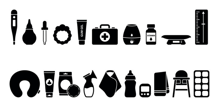 Black glyph icon set of newborn essentials and medical supplies for infant care, featuring a thermometer, feeding bottle, high chair, breast pump, and baby monitor illustrations