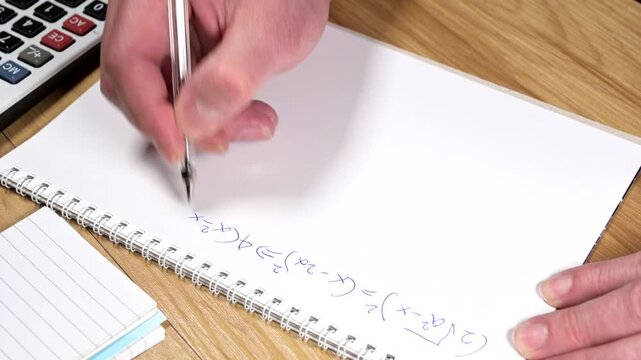 student is solving a difficult equation on blank paper