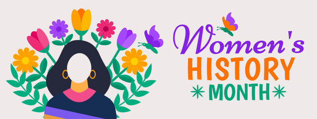 Fototapeta premium Women's History Month Greeting Graphic. Minimalist Female Silhouette with Gold Hoop Earrings and a Blooming Spring Flower Bouquet with Butterflies on Light Grey Background for March Celebration