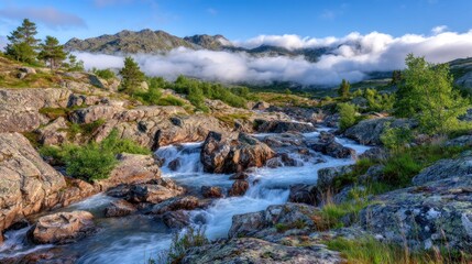 Mountain stream flowing through rocky terrain under a cloudy blue sky