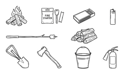 Obraz premium Collection of hand-drawn camping and fire-making equipment icons including a campfire, firewood, axe, and extinguisher in a simple black and white line art doodle style
