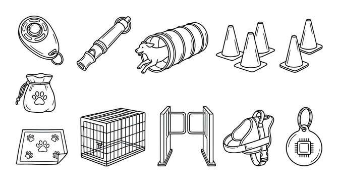 Collection of dog training equipment icons including a clicker, whistle, agility tunnel, cones, crate, and harness in a simple black and white hand-drawn line art illustration