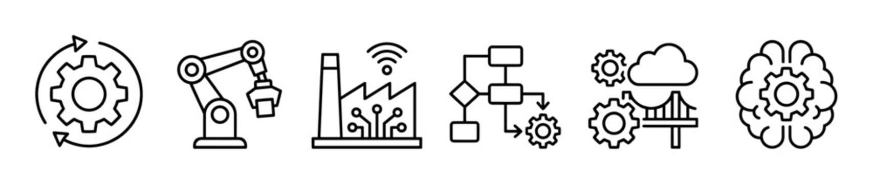 Set of black line icons representing Industry 4.0 concepts like automation, robotics, smart factory, workflow, cloud computing, and artificial intelligence in a minimalist style