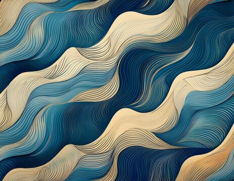 blue and beige diagonal wavy lines seamless pattern