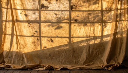 오래된 창문 앞에 걸려 있는 먼지 쌓인 노란색 천 사이로 따스한 오후의 햇살이 비치며 격자무늬 창틀 그림자를 만들어내는 빈티지하고 신비로운 분위기의 버려진 실내 공간 풍경 이미지.