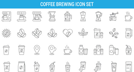 Coffee brewing icon set, espresso machine, takeaway cup, coffee beans, barista tools, cafe symbols vector collection design pack