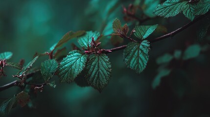 Close up of leafy branches with textured leaves and soft green tones