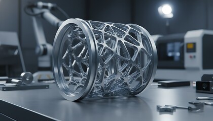 A detailed close-up of a 3D-printed titanium aerospace part, showcasing the complex lattice structure, industrial photography, sharp focus.