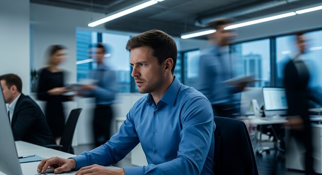high quality, sharp focus, detailed, man sitting at desk, working on laptop, office setting with people in background, focused expression, blue shirt, professional
