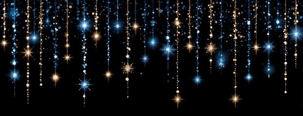 검은색 배경 위에 화려하게 빛나는 파란색과 금색의 별빛 글리터가 수직으로 떨어지는 추상적인 축제 분위기의 파노라마 배경 이미지로 크리스마스나 신년 파티 장식에 적합합니다.