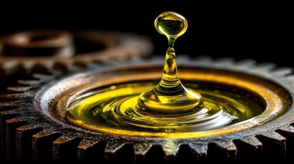 Close up of gear with oil drop showing lubrication and mechanical efficiency