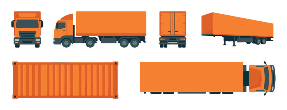 Orange semi-trailer truck and cargo container set shown from different angles including front, back, side, and top view in a flat vector illustration style for logistics concepts