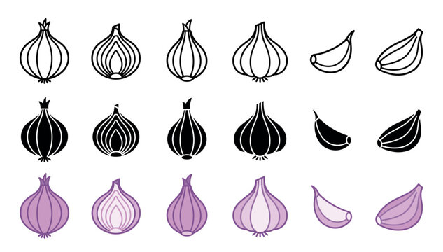 Collection of onion and garlic icons presented in three distinct styles: simple line art, solid black silhouette, and a purple colored version with whole and sliced views