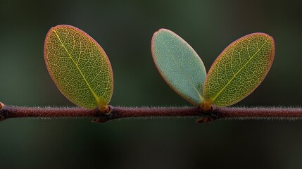 Close up of three small leaves on a branch against a blurred background