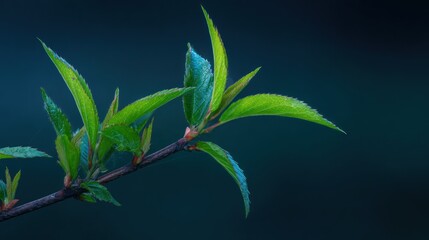 Close up of vibrant green plant leaves and stem on a dark background