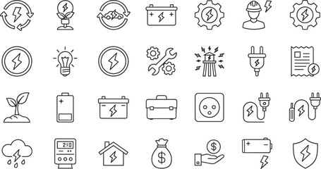 Electricity and Energy Icon Set Featuring Renewable Power Battery Storage Electric Vehicles Light Bulbs Solar Utility Symbols and Green Technology Outline