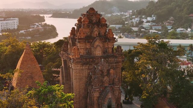 Aerial view of the ancient po nagar cham towers in nha trang vietnam at sunset
