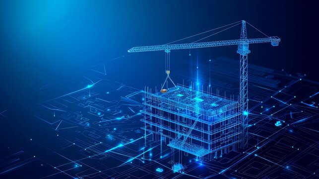Abstract vector illustration of building construction with tower crane on dark blue background
