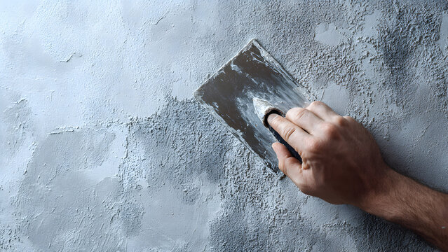 Cartoonish humorous illustration, clumsy plasterer man's oversized hand comically dropping trowel while cement splatters on concrete wall, exaggerated expressions and slapstick physics. (142 chars)&nbsp;​