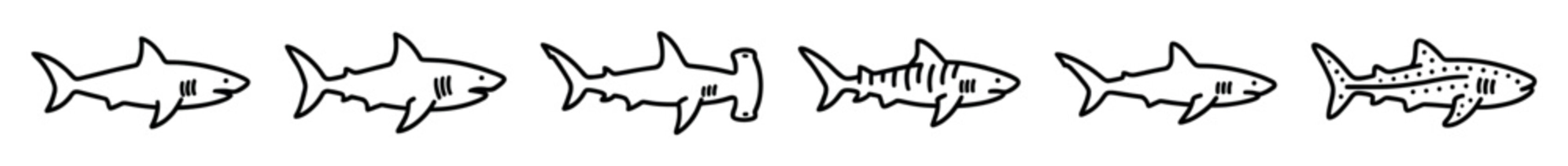Set of six hand-drawn shark icons in a minimalist black outline style, featuring various species like hammerhead, tiger, and whale sharks for graphic design elements