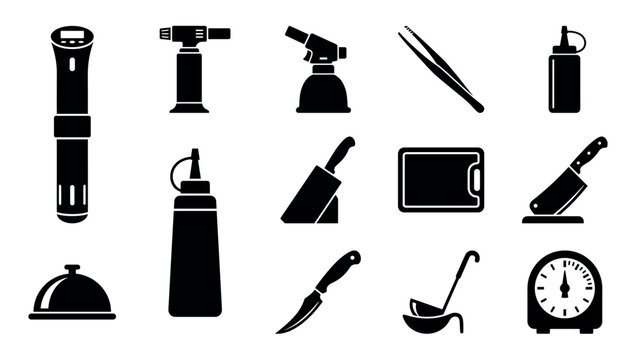 Black silhouette icons of professional kitchen equipment for gastronomy, featuring a sous vide machine, blowtorch, tweezers, knives, and other culinary utensils in a simple graphic set