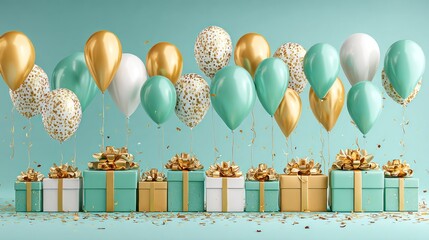 Festive balloons and gift boxes on a teal background for celebration