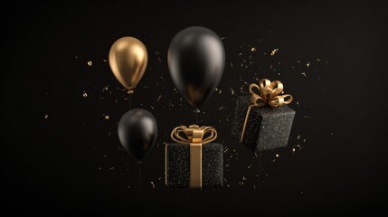 Elegant black and gold gift boxes and balloons on dark background
