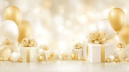 Elegant gifts and balloons arrangement with festive bokeh background