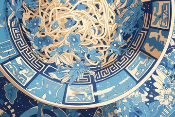 전통적인 청화백자 스타일의 화려한 파란색 꽃무늬 접시에 정갈하게 담긴 국수 요리를 위에서 내려다본 모습의 예술적인 일러스트레이션으로 동양적인 고전미와 현대적인 감각이 완벽하게 조화를 이루는 세련된 이미지입니다.