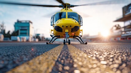 Yellow helicopter on a runway during daytime with bright sunlight