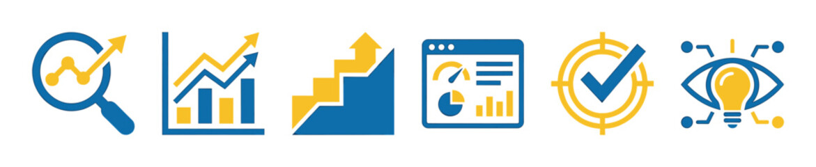 Set of blue and yellow business icons representing data analysis, growth charts, progress steps, dashboard metrics, goal achievement, and strategic vision in a flat style