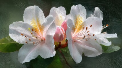 Close up of delicate white flowers blooming with yellow centers and pink