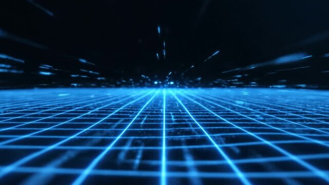 Neon blue grid perspective with glowing horizon and motion sparks creating futuristic digital landscape vibe dramatic low angle depth of field cinematic atmosphere neon blue grid floor stretching