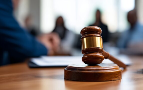 Tense Courtroom Scene with Judges and Gavel in Focus During Legal Trial
