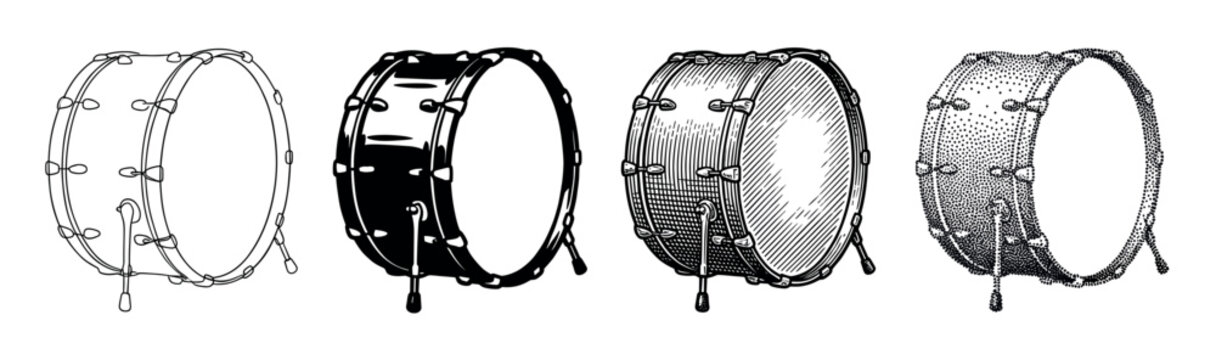 Four bass drum musical instrument illustrations in a row showing different graphic styles including line art, silhouette, engraving, and stippling for a design element