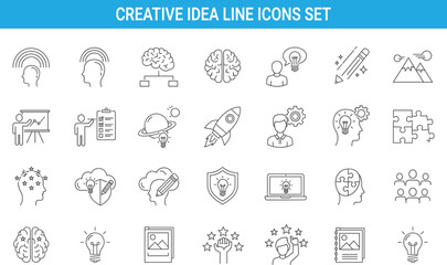 Creative idea line icons set, innovation thinking symbols, brain storm concept, startup success, business strategy, inspiration collection