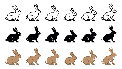 Obraz premium Set of rabbit icons in three different styles, featuring a simple black outline, a solid black silhouette, and a brown color fill for graphic design or web elements