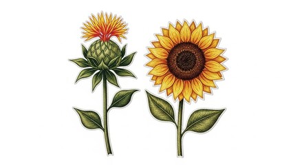 Sunflower and Thistle Botanical Illustration in Simple Line Art With Green Leaves and Stem.jpg