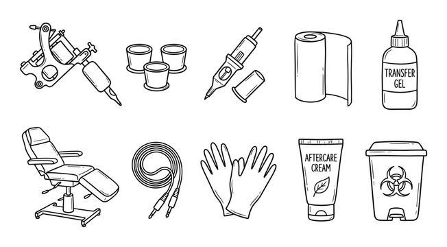 Set of black and white tattoo parlor equipment icons with a machine, ink caps, chair, gloves, and aftercare products in a simple hand-drawn sketch style