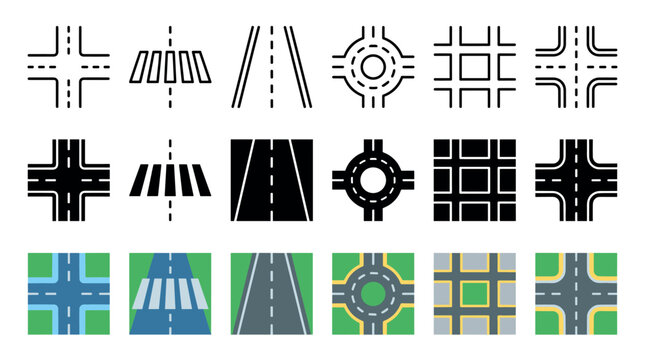 Collection of road map element icons showing intersections, crosswalks, and roundabouts in three different vector styles: outline, solid black, and colorful flat design