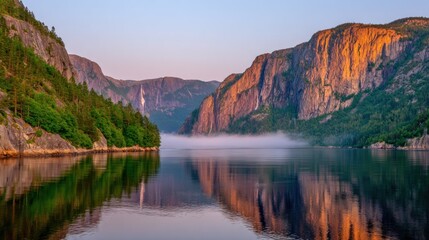 Scenic mountain landscape with water reflections and morning light