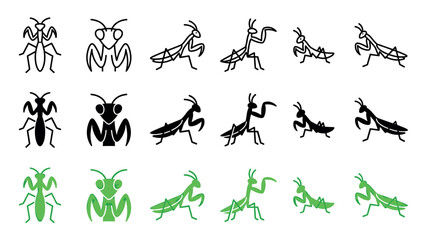 Fototapeta premium Set of praying mantis insect icons in three graphic styles, including black outline, solid silhouette, and green color, illustrating various poses and views of the creature