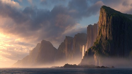 Dramatic coastal mountain landscape at sunrise with cloudy sky and fog