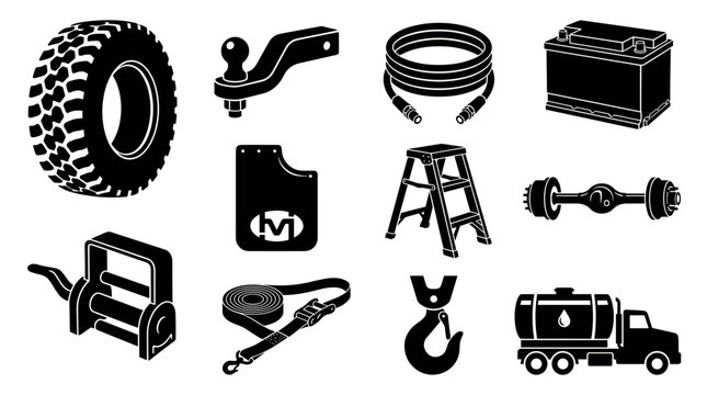 Collection of black silhouette icons representing automotive parts and trucking equipment like a tire, tow hitch, battery, axle, and tanker truck in a graphic vector style
