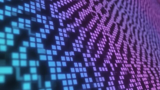 Abstract digital pixel mosaic pattern blue and purple gradient forming glowing square tile wave like matrix curved surface with soft focus depth conveying futuristic technology energy and ambient
