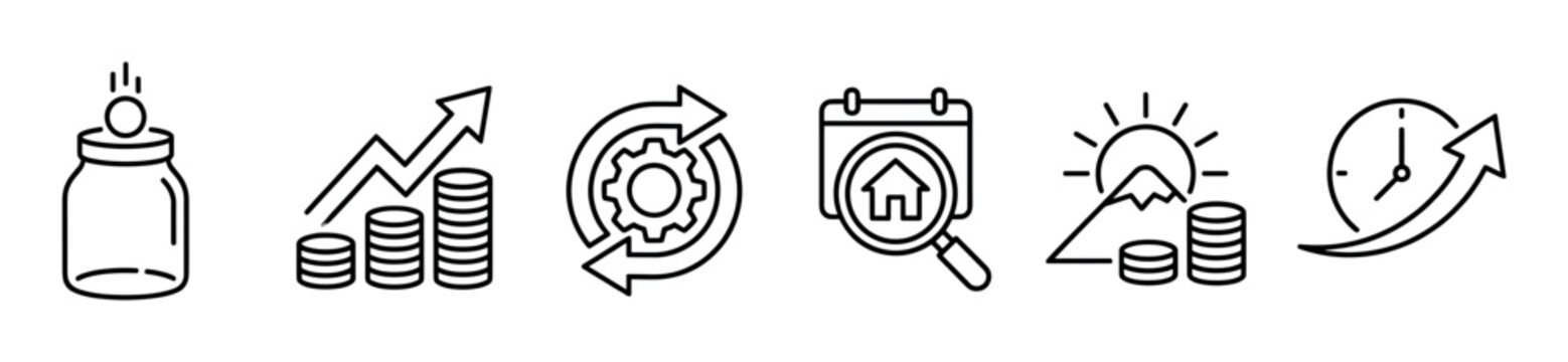Six black and white line art icons for business and finance concepts like saving money, profit growth, workflow process, property search, retirement planning, and future progress