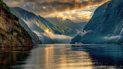 Dramatic landscape of majestic mountains and reflecting water under cloudy sky