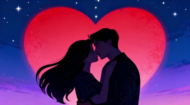 Silhouette of a romantic couple kissing under a starry night sky with a large red heart