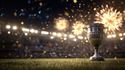 Trophy cup on stadium field with fireworks celebration lights at night