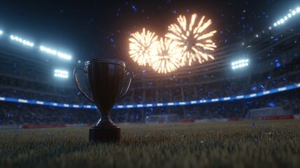 Trophy on stadium field with fireworks celebrating championship victory
